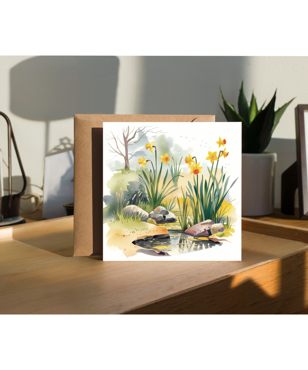 water colour scenery of daffodils and pond