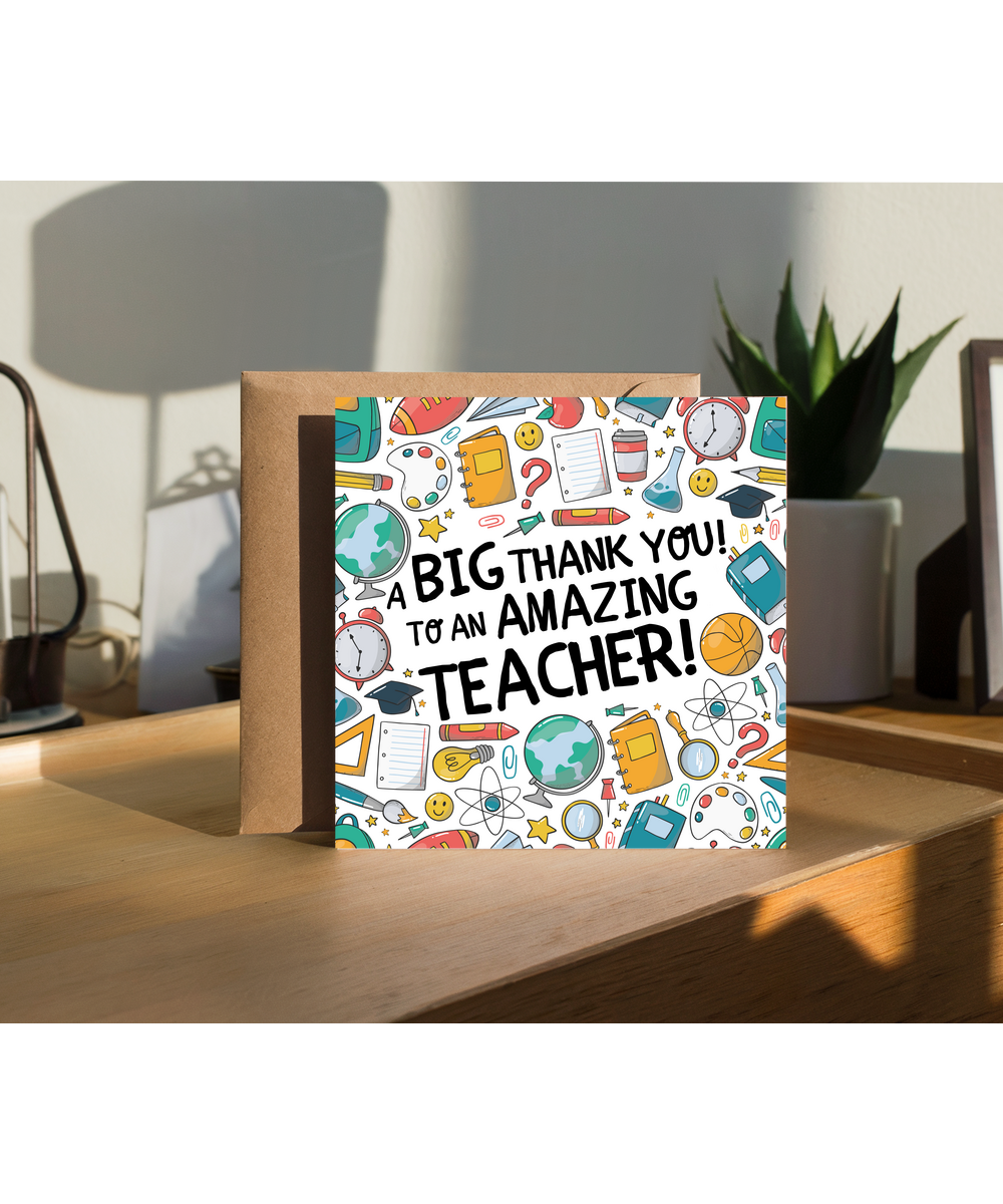 Teacher Thank You Card A Big Thank You to an Amazing Teacher School Icons