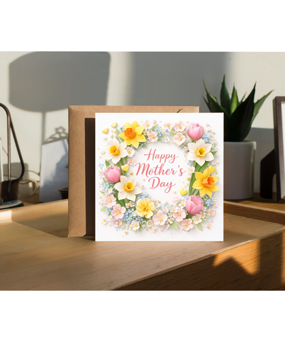 Elegant Mothers Day Card with Pastel Spring Flowers and Daffodils in Dimensional Style