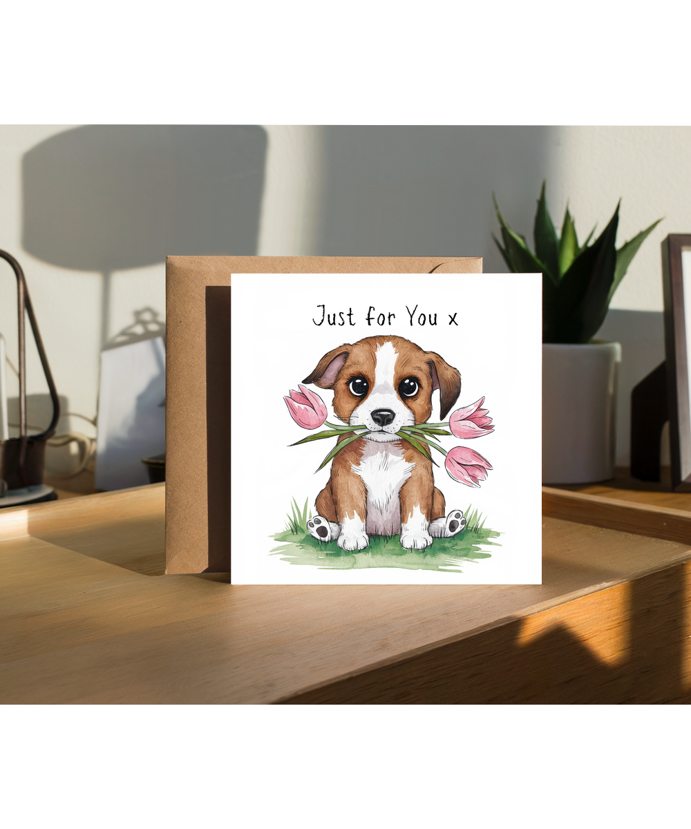 Adorable Watercolour Puppy Card with Tulips Just for You x