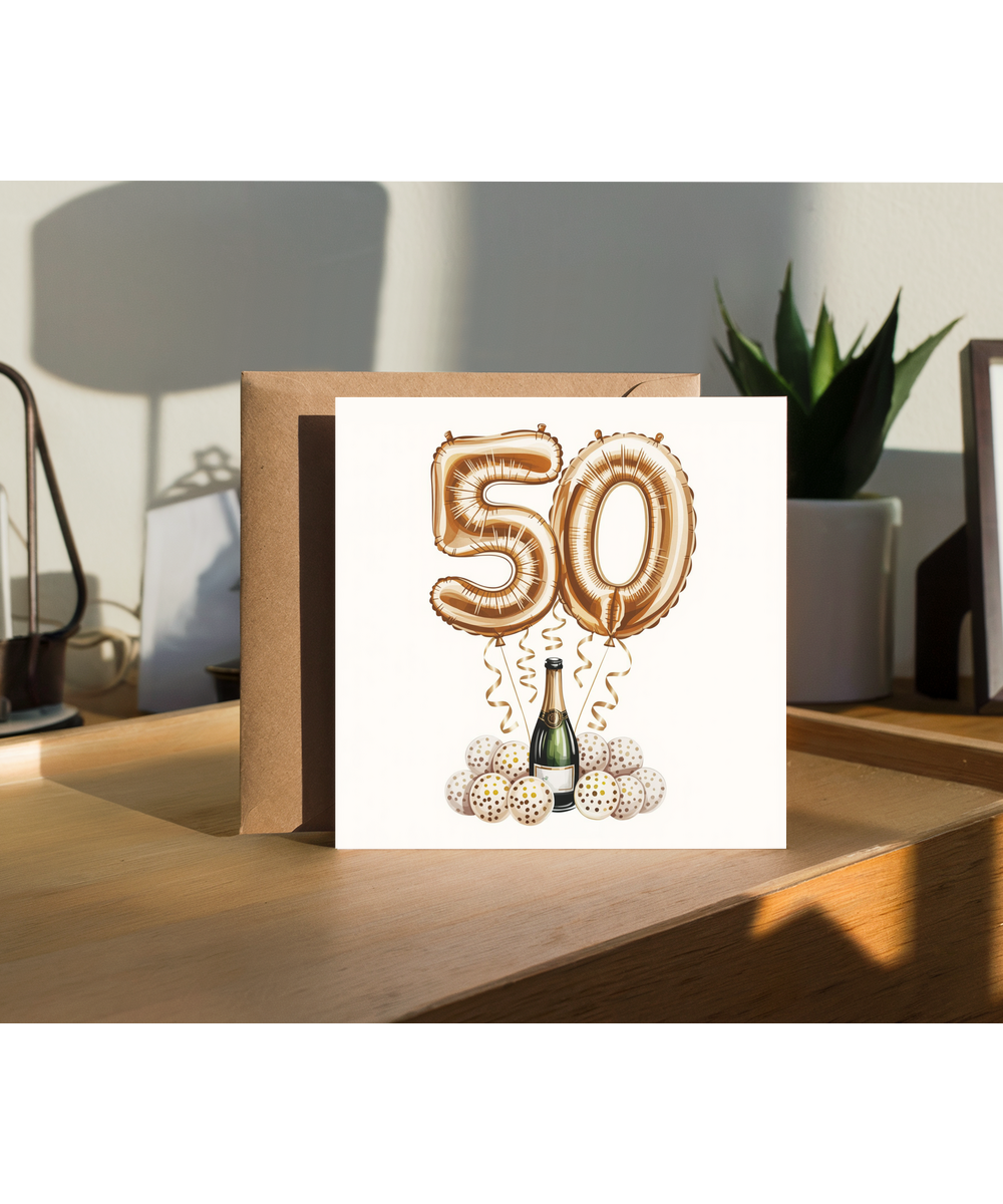 Golden 50th Balloon Birthday Card Celebrating Family and Friends
