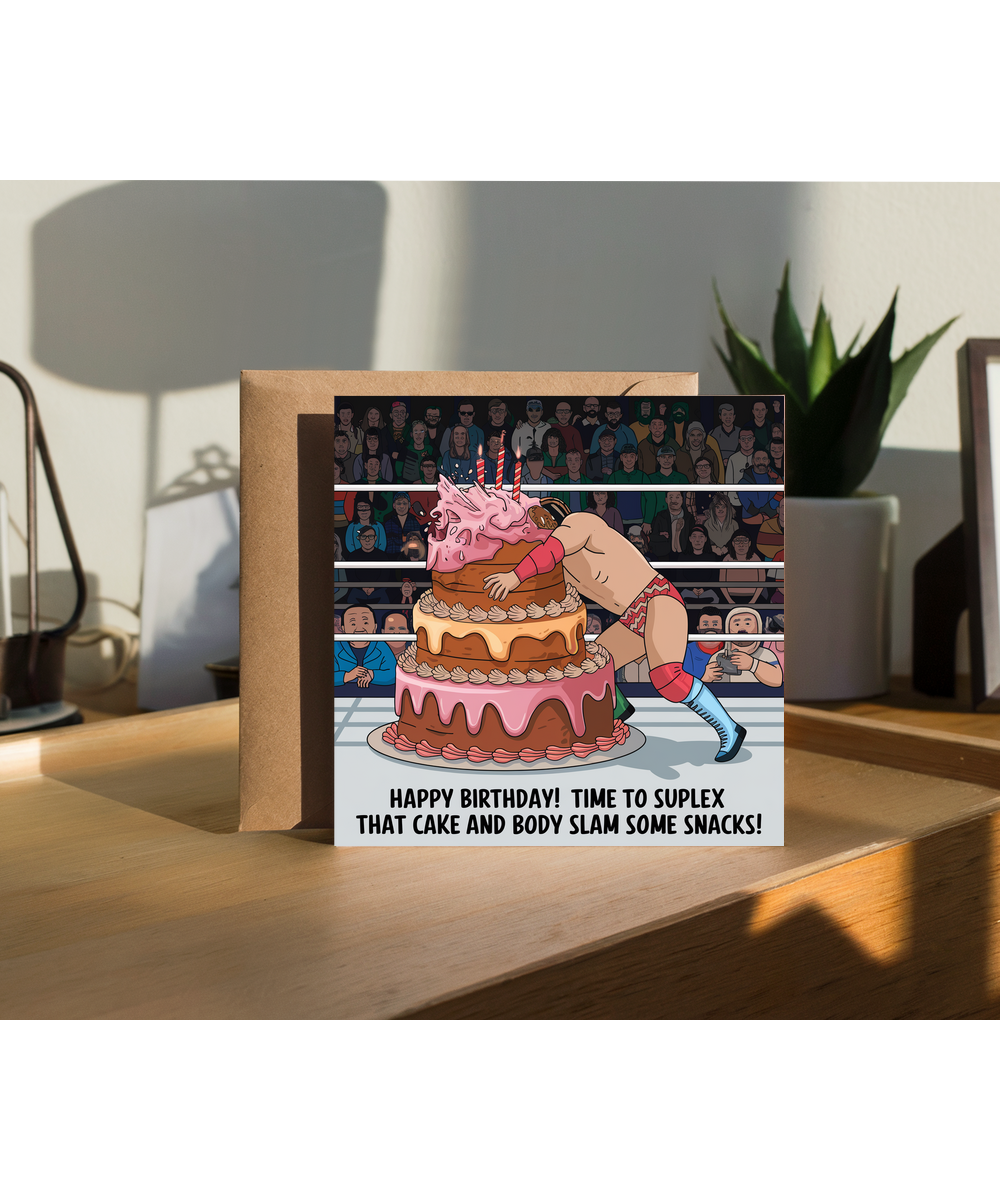 Happy Birthday Card Wrestling Fan suplex that cake