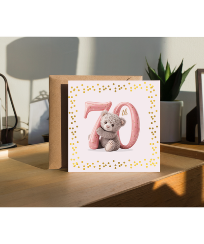 Elegant Happy Birthday 70th pink bear fake glitter effect