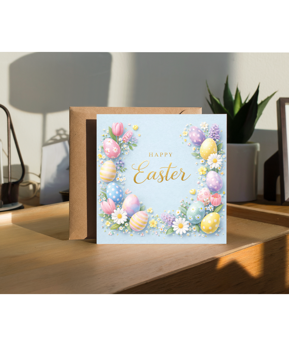 Happy Easter Card Beautiful Spring Blooms and Pastel Eggs with Dimension Effect