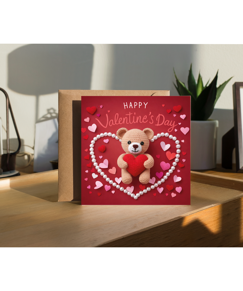 Happy Valentines Day Cute Crochet Loveheart Bear and Paper Hearts