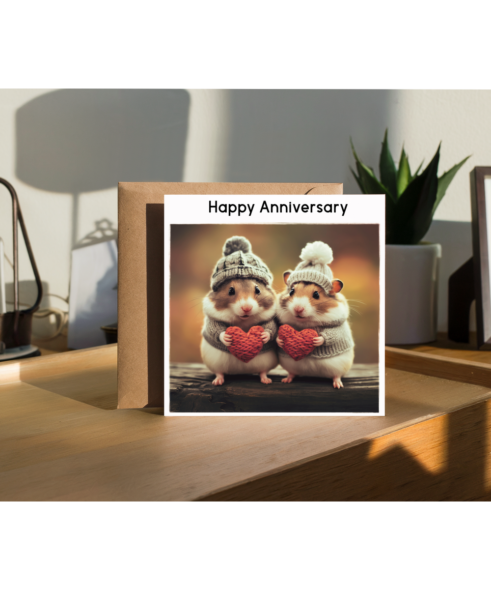 Happy Anniversary cute hamsters holding knitted hearts