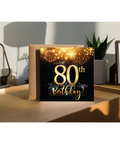 80th Birthday Card with Gold Fireworks