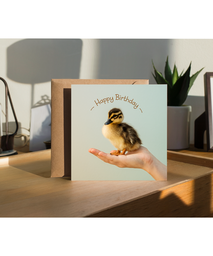 Happy Birthday card duckling in hand pastel