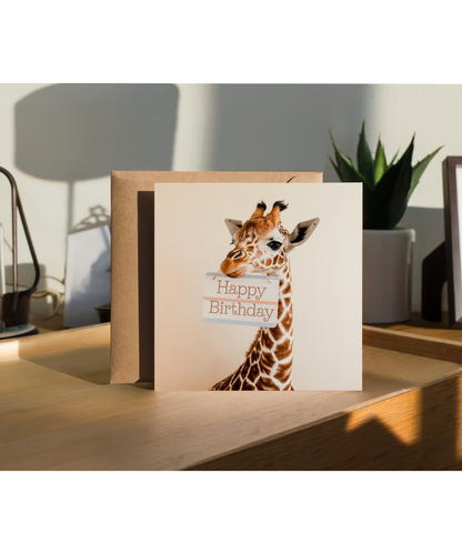 Happy Birthday card giraffe holding sign