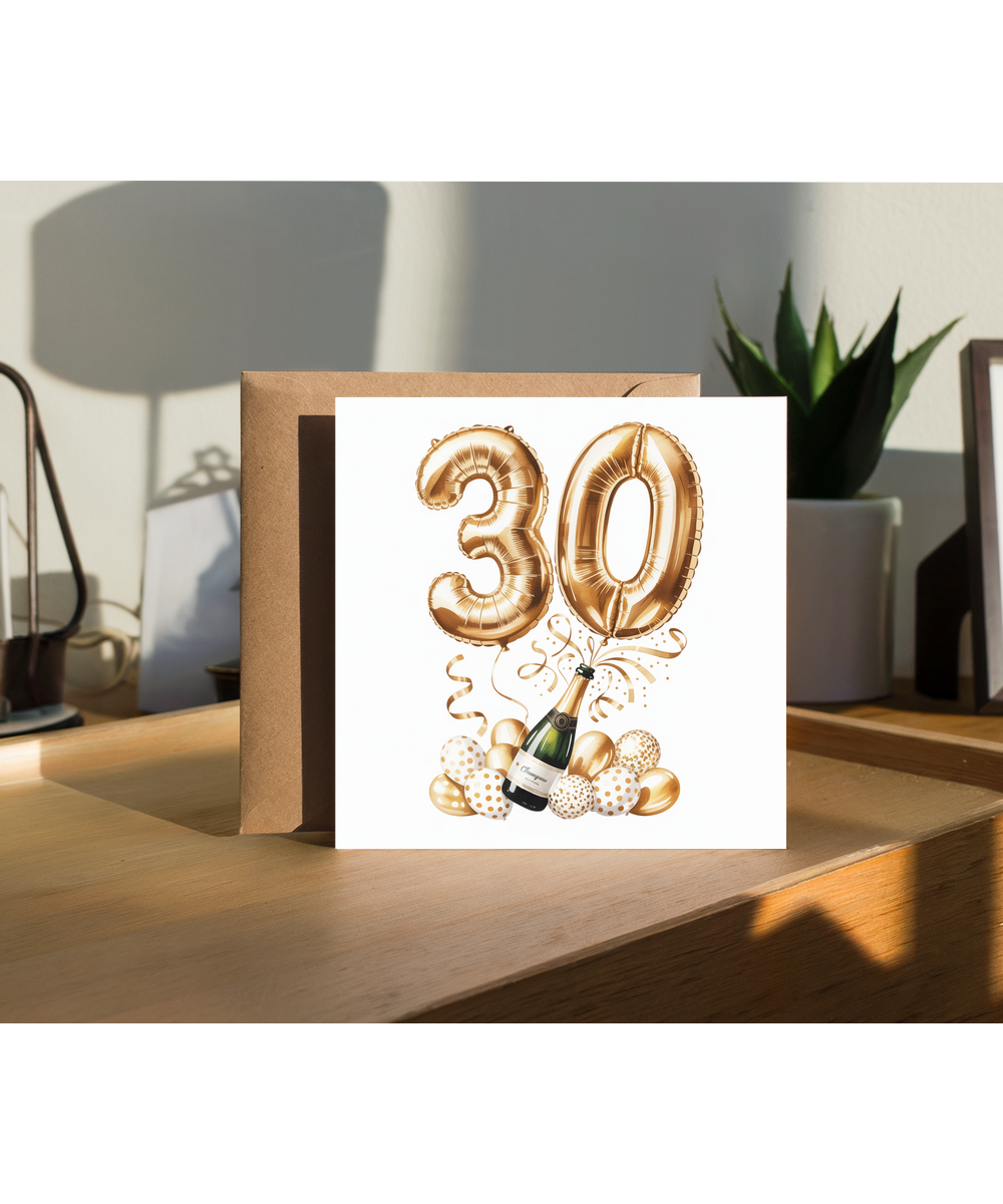 Golden 30th Balloon Birthday Card Celebrating Family and Friends