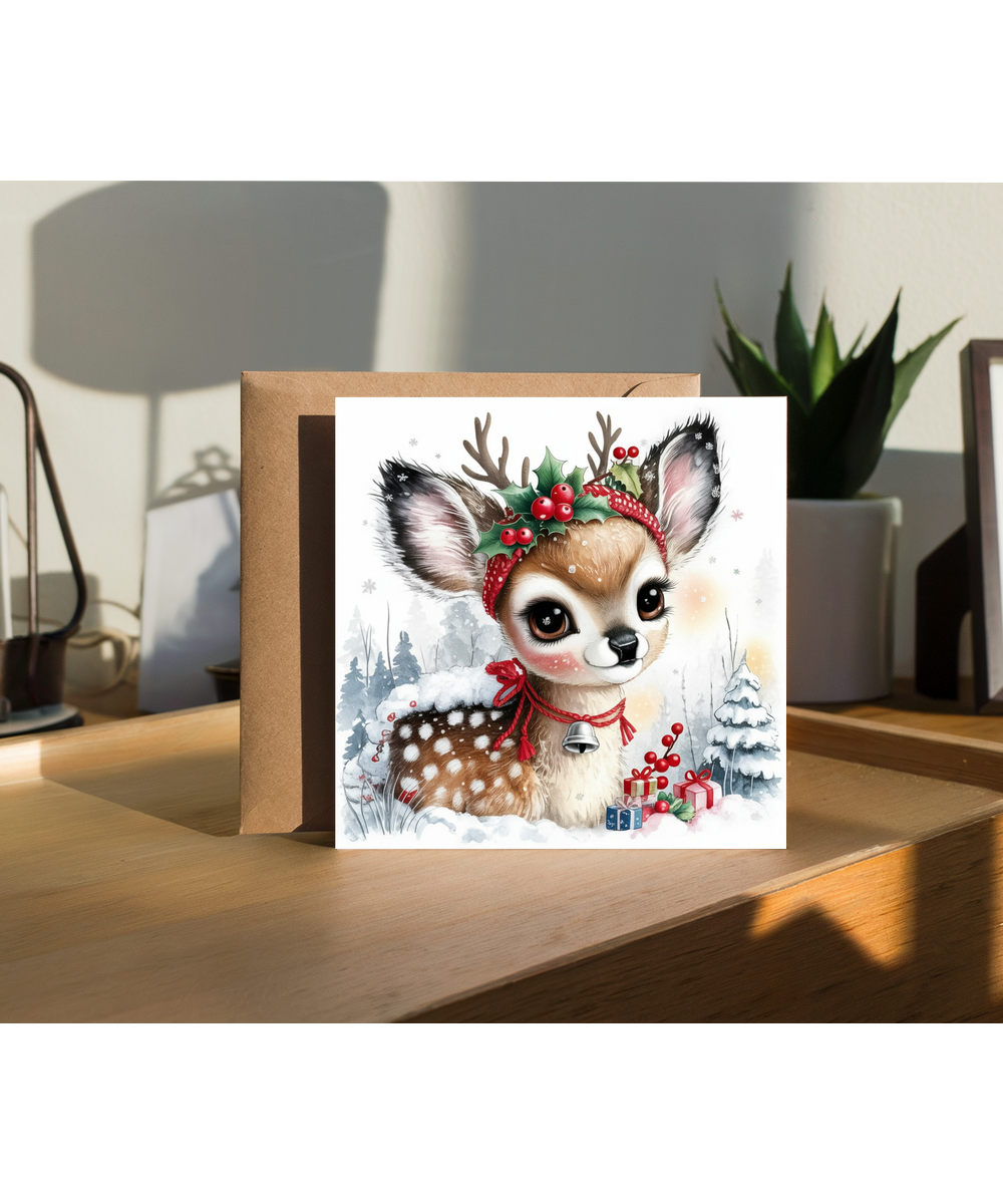 Vintage Style Baby Deer Illustration Christmas Card in Winter Wonderland