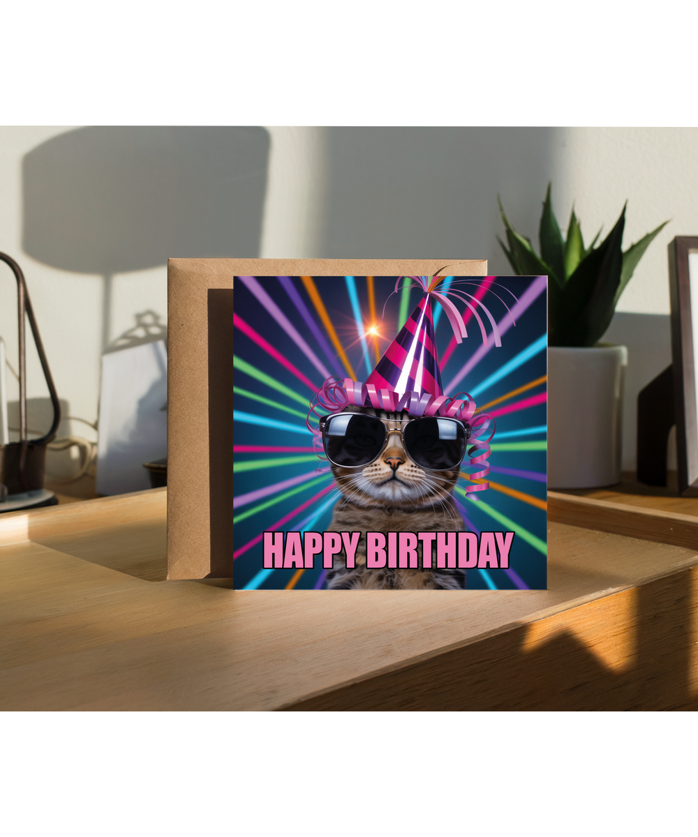 Funny Pet Happy Birthday Card Silly Rave Party Cat for Family and Friends