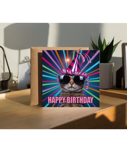 Funny Pet Happy Birthday Card Silly Rave Party Cat for Family and Friends
