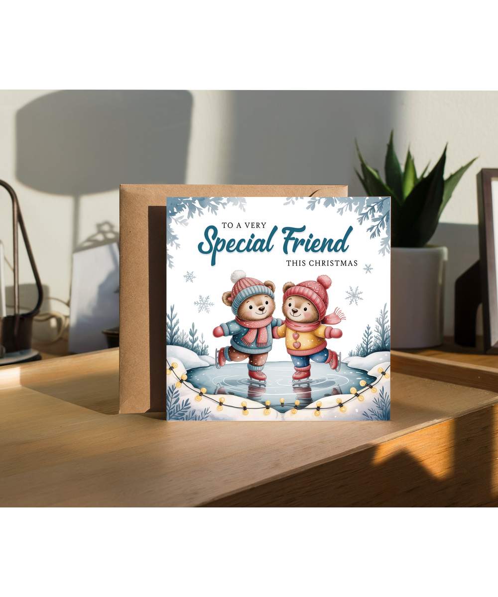 Adorable Christmas Card to a Very Special Friend Teddy Bears Ice Skating