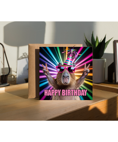 Funny Happy Birthday Card Silly Rave Party Capybara for Family and Friends