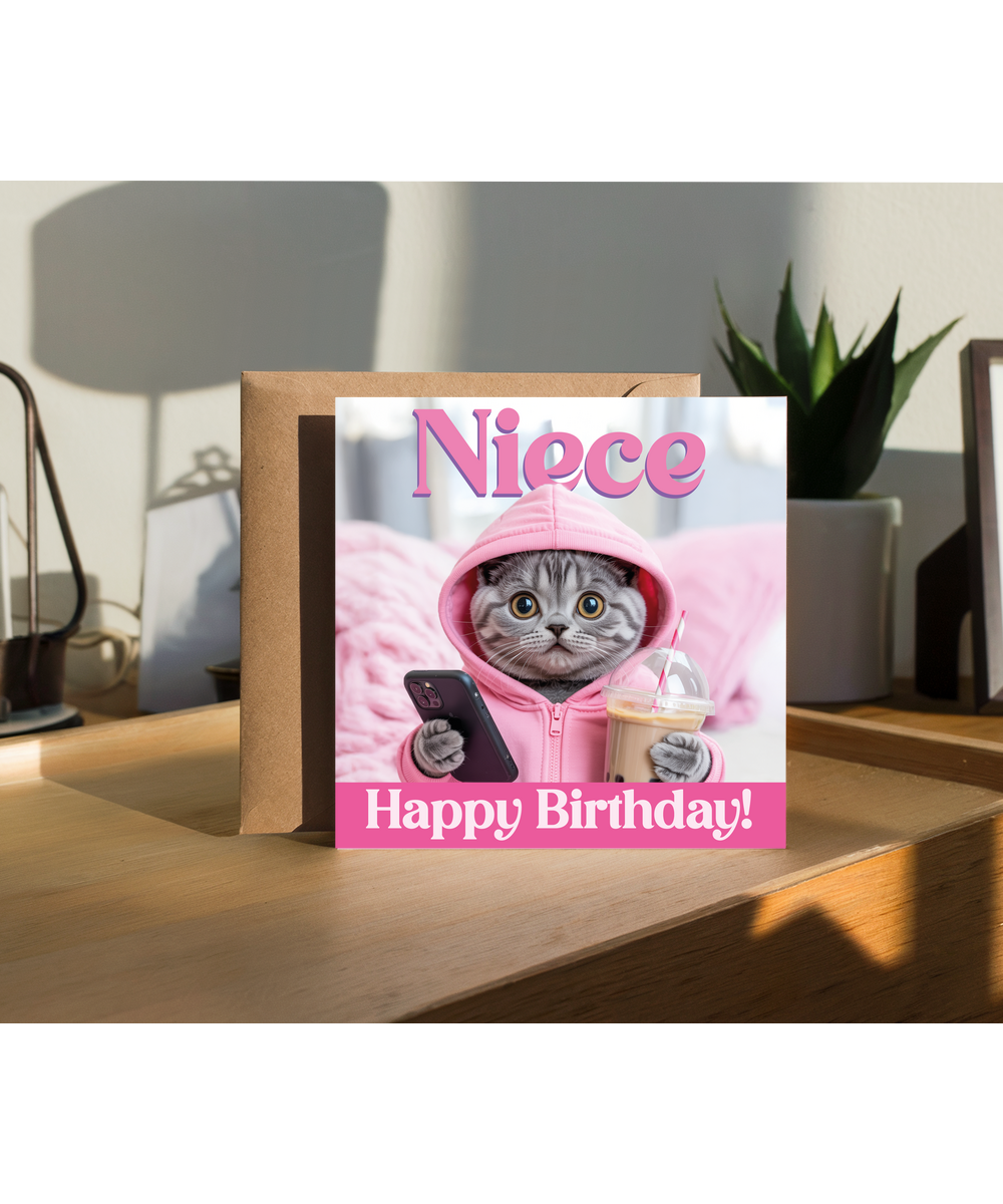 Funny Niece Birthday Card with Cute Trendy Boba Tea Cat