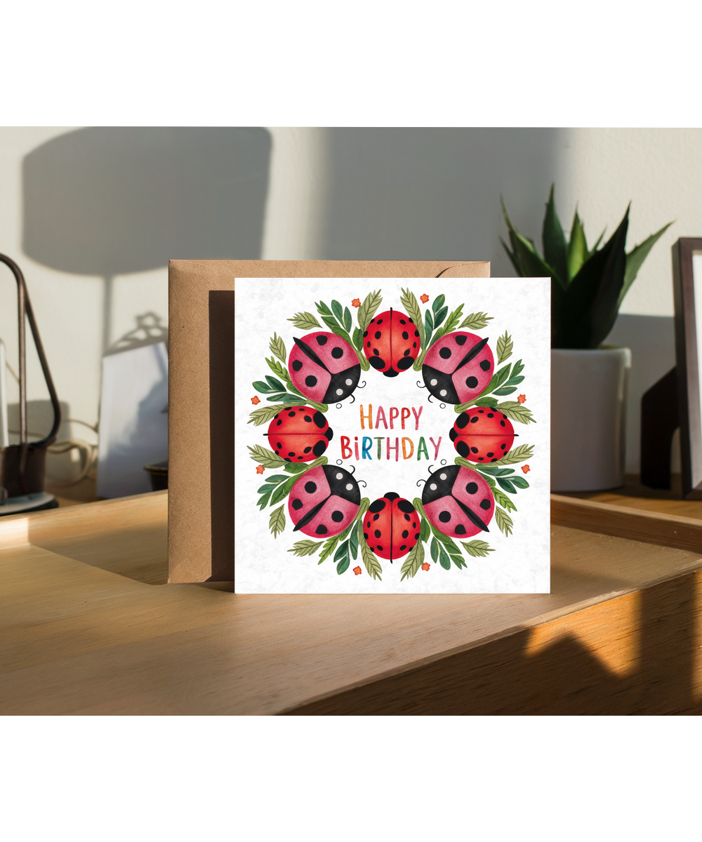 Ladybug Wreath Birthday Card for Garden Insect Lovers