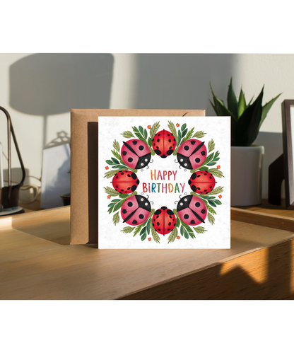 Ladybug Wreath Birthday Card for Garden Insect Lovers