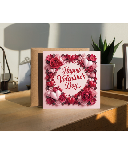 Romantic Valentines Day Card Red Hearts and Red Roses in Dimensional Style