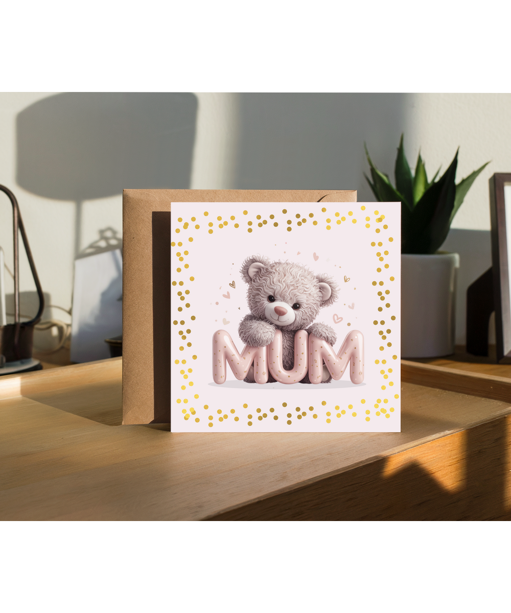 Elegant Happy Birthday mother's day mum pink bear fake glitter effect