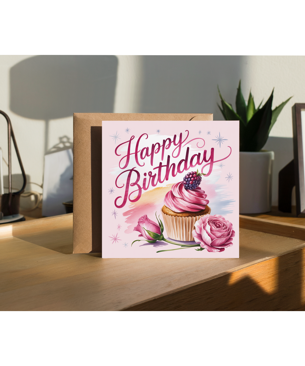 Birthday Card with Pink Rasberry Cupcake and Roses