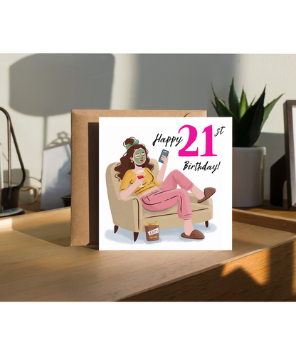 Happy 21st Birthday Card for a Glamorous Relaxed Self Care Queen