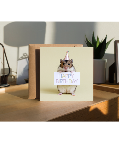 Happy Birthday card hamster cute pastel yellow