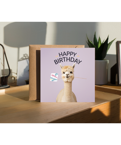 Happy Birthday card cute alpaca llama pastel lavender