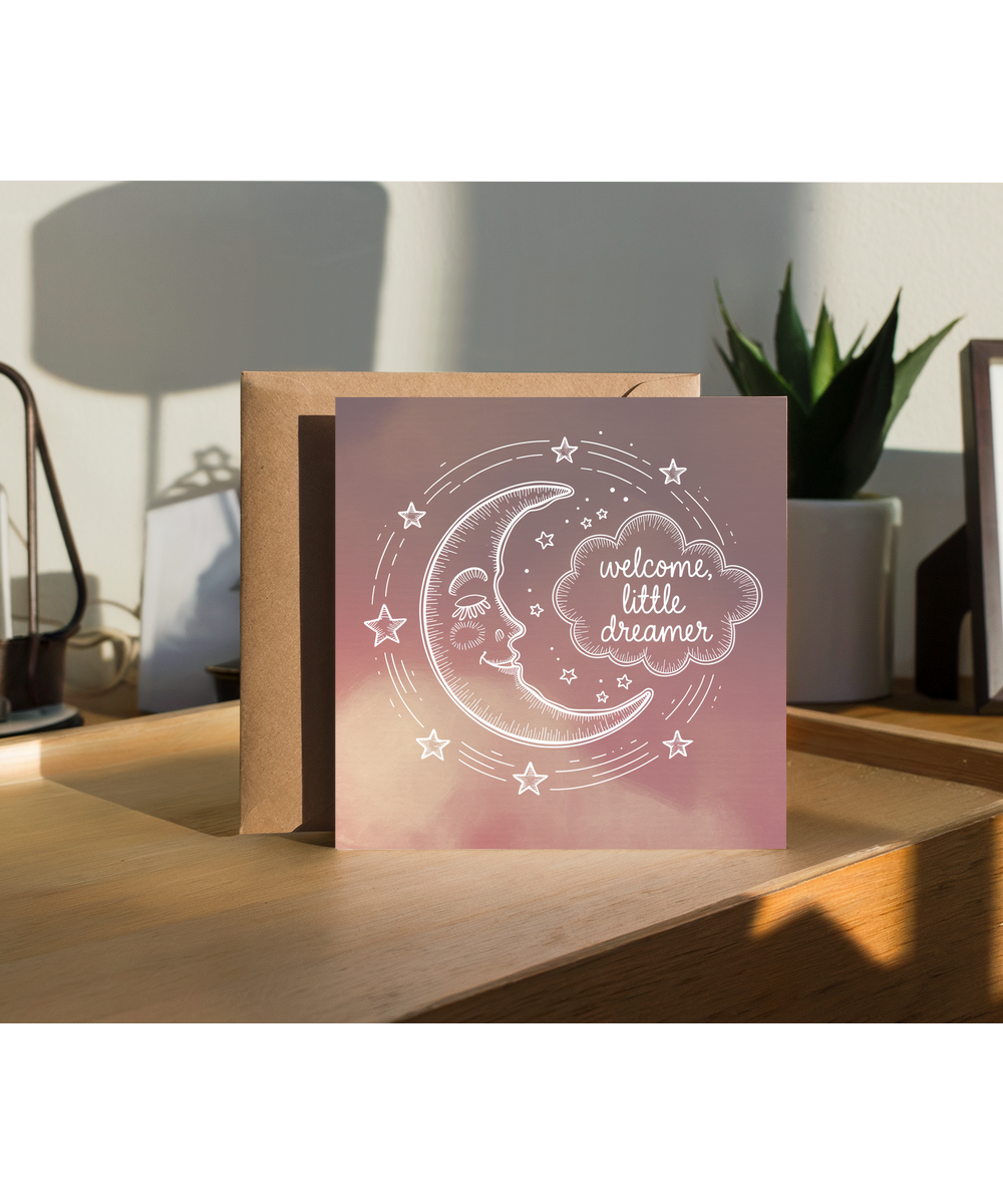 New Baby Card Welcome, Little Dreamer for boy or girl moon and stars