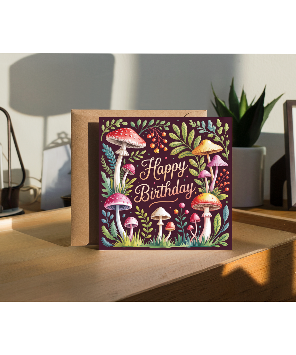 Happy Birthday Card with Auntumnal Forest Mushrooms