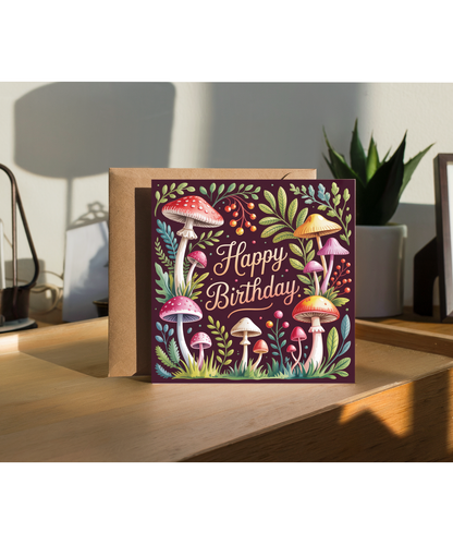 Happy Birthday Card with Auntumnal Forest Mushrooms