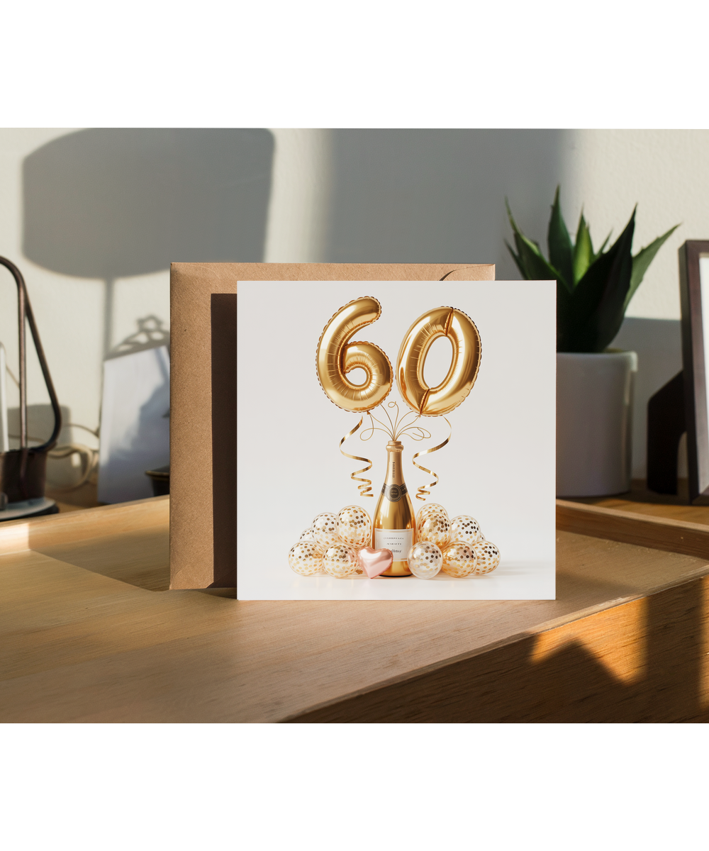 Golden 60th Balloon Birthday Card Celebrating Family and Friends