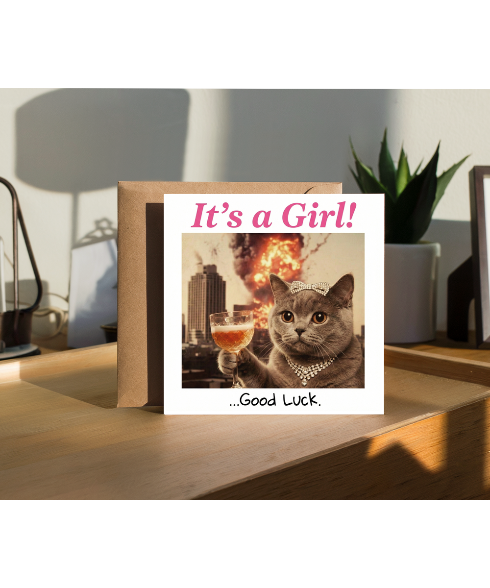 Funny Newborn Baby Girl Card Sassy Cat Good Luck Its a Girl