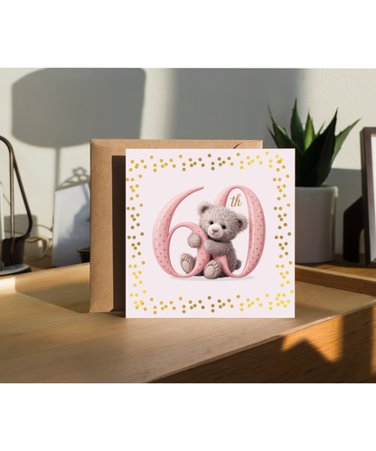 Elegant Happy Birthday 60th pink bear fake glitter effect