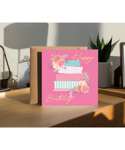 Happy Birthday Card for Her Blossom Garden Party Birthday Cake in Pastels