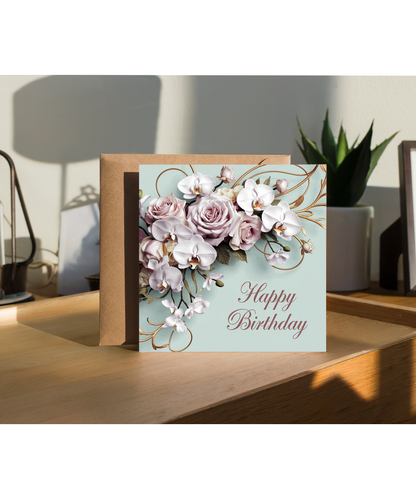Happy Birthday Card for Woman Her delecate Orchids Roses