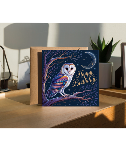 Happy Birthday Card Magical Night Owl and Celestial Crescent Moon