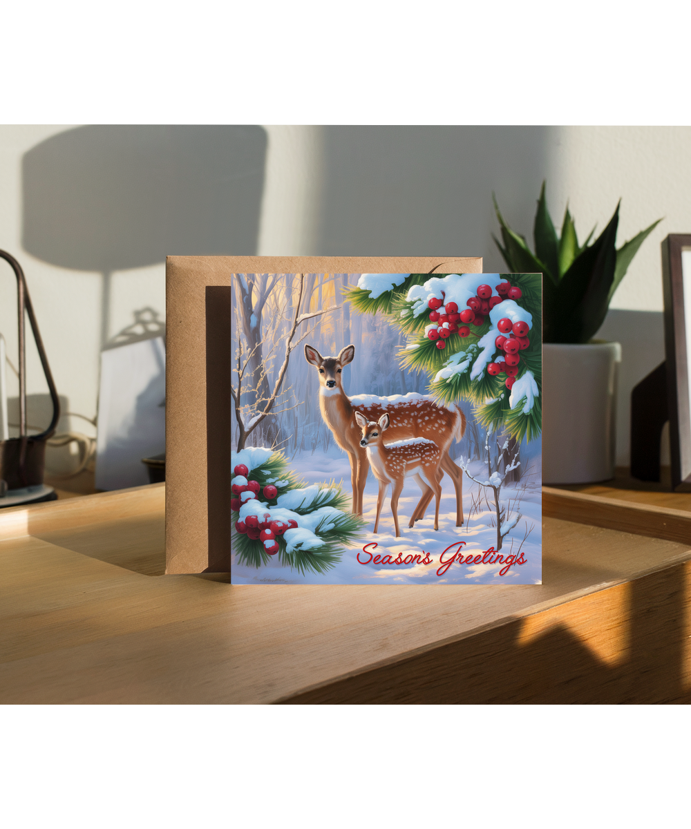Seasons Greetings Christmas Card Mother and Her Fawn Painting