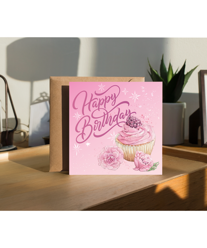 Happy Birthday Card for Her Elegant Rasberry Floral Cupcake