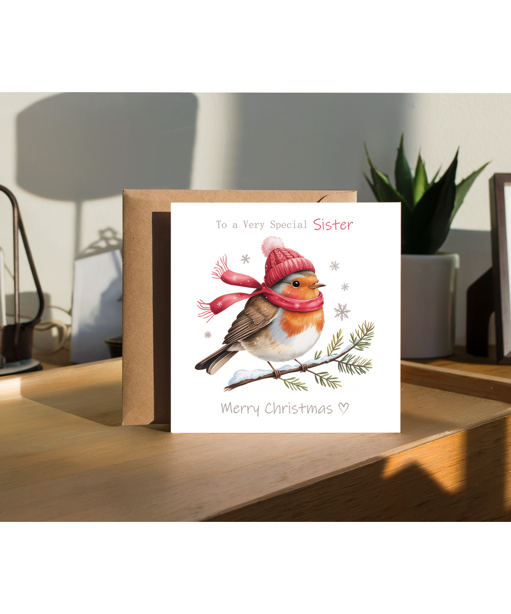 Merry Christmas Card to a Very Special Sister Cute Winter Robin