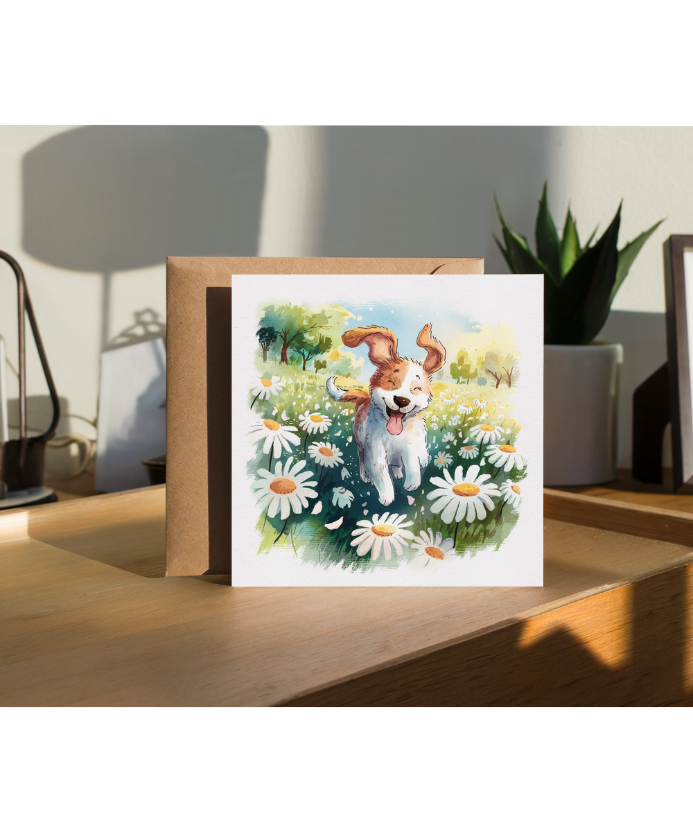 Adorable Watercolour Puppy Card Among the Daisies