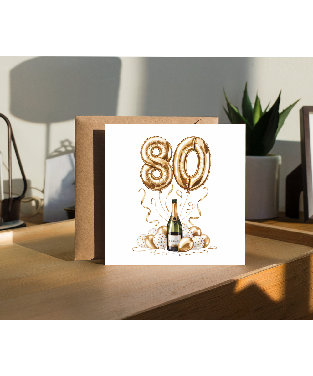 Golden 80th Balloon Birthday Card Celebrating Family and Friends