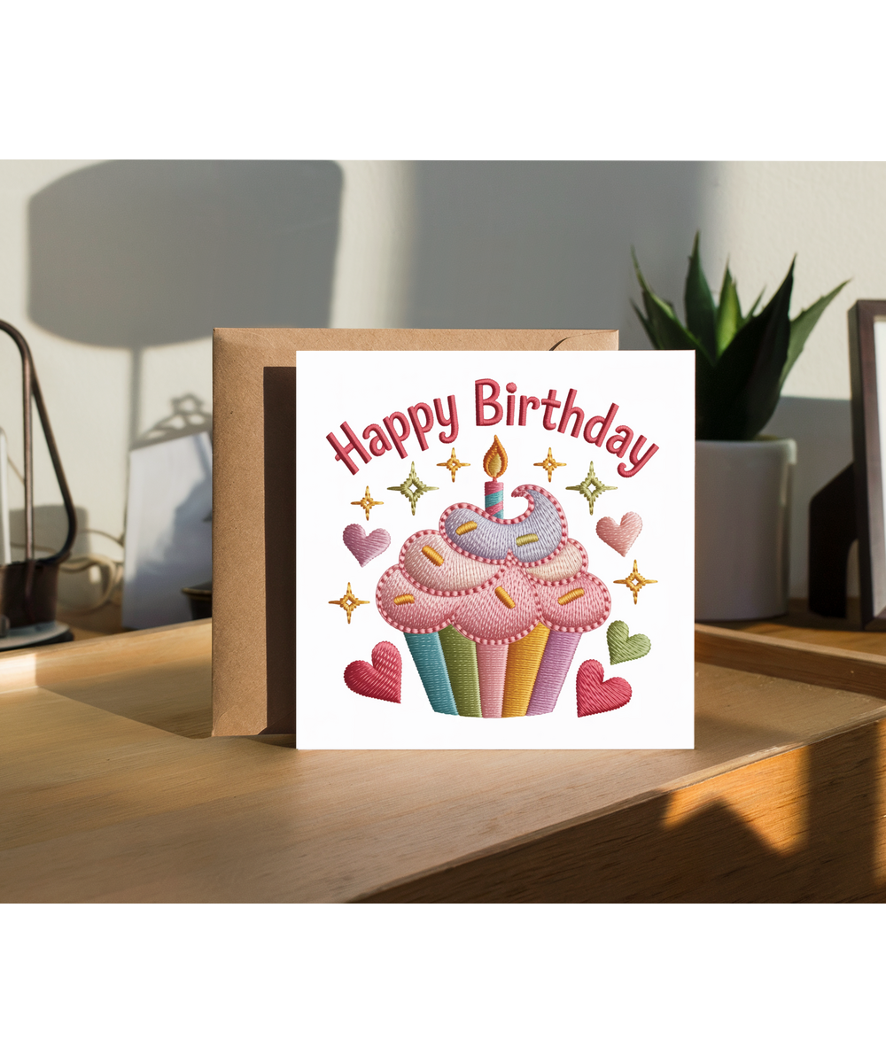 Embroidered style happy birthday cupcake