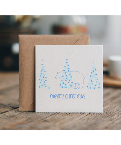 Merry Christmas Cute Polar Bear Hiding Behind Pine Trees