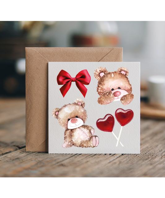 Cute Teddy Bear and Heart Lollipops Romantic Soft Sweetheart Valentine