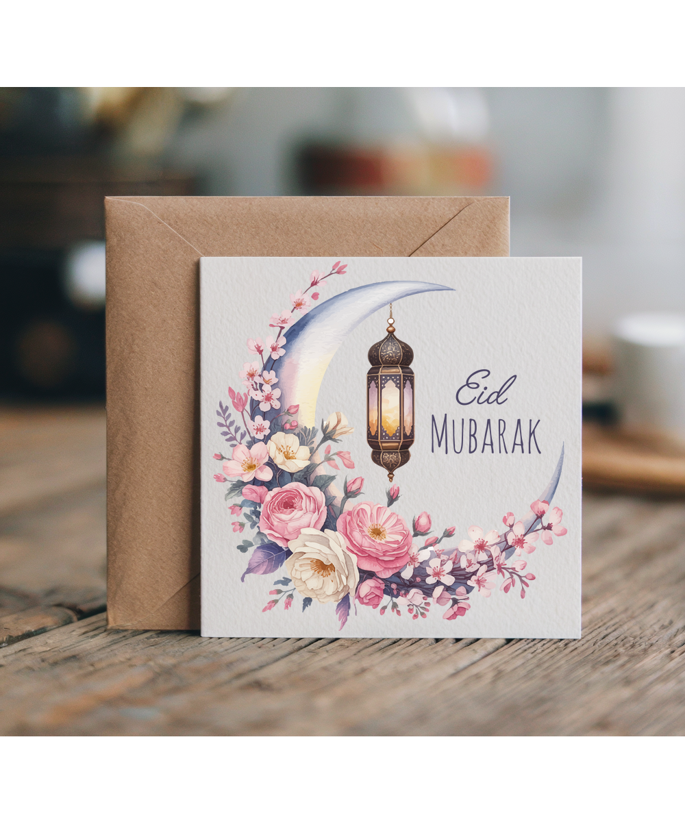 Eid Mubarak Crescent Floral Moon in Watercolour