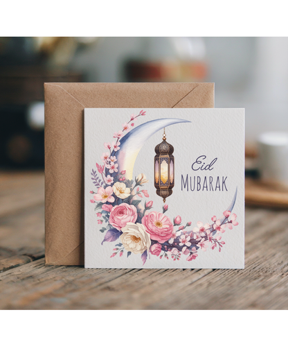 Eid Mubarak Crescent Floral Moon in Watercolour