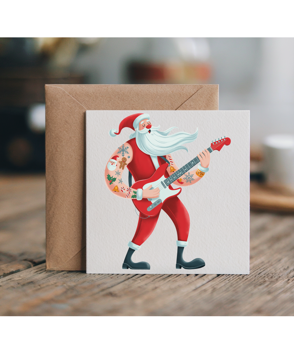 Christmas rock and roll santa playing guitar