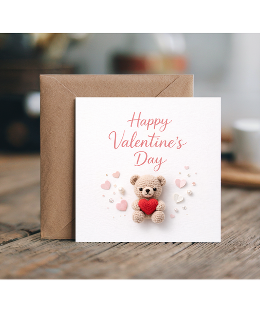 Romantic Crochet Teddy Bear Valentines Day 2D Card for Girlfriend Boyfriend Wife Husband