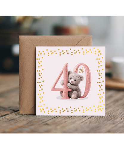 Elegant Happy Birthday 40th pink bear fake glitter effect